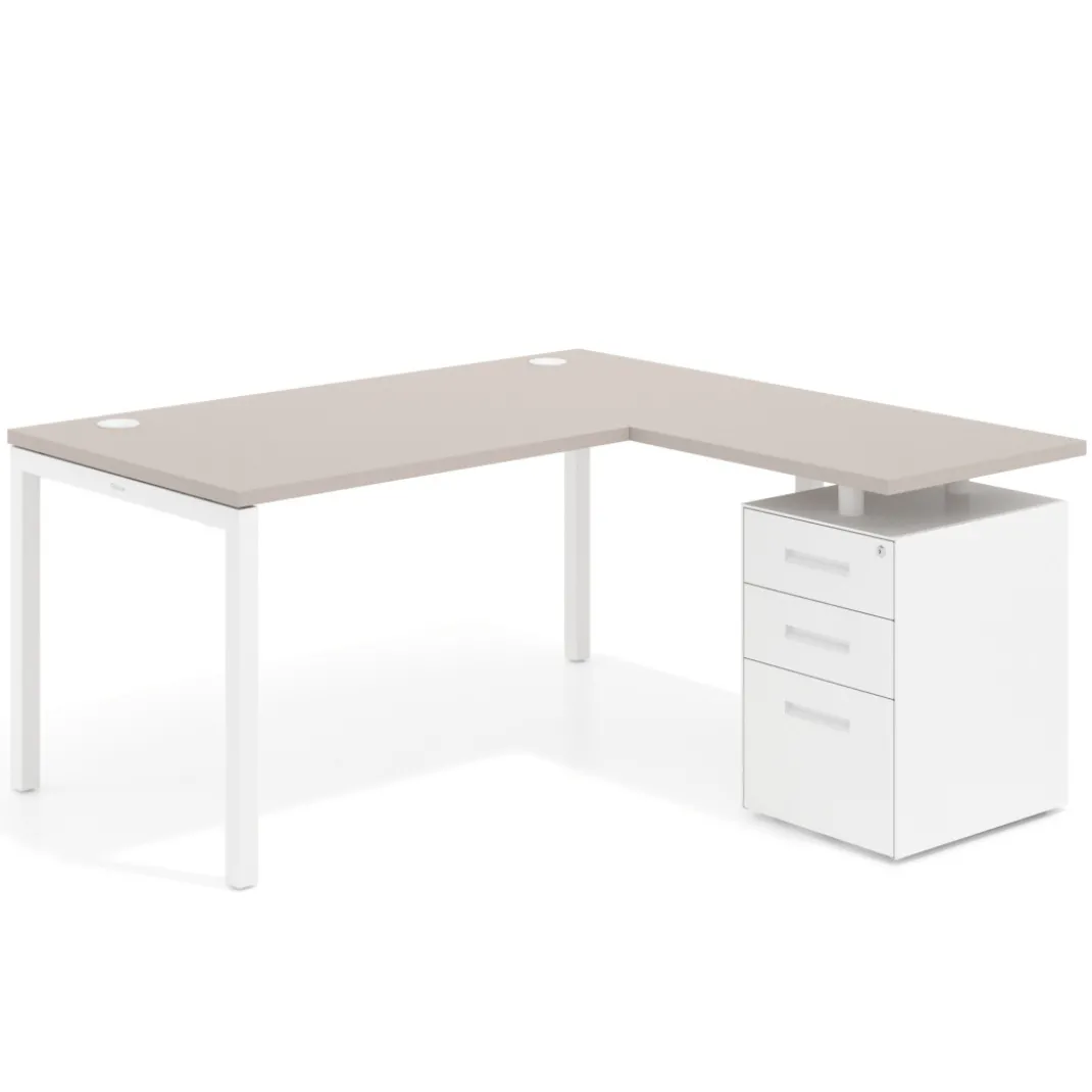 Mesa de oficina en L con cajones Kube fondo 80, ala corta, frontales metal, estructura blanca