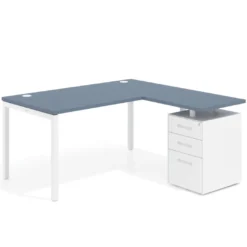 Mesa de oficina en L con cajones Kube fondo 80, ala corta, frontales metal, estructura blanca