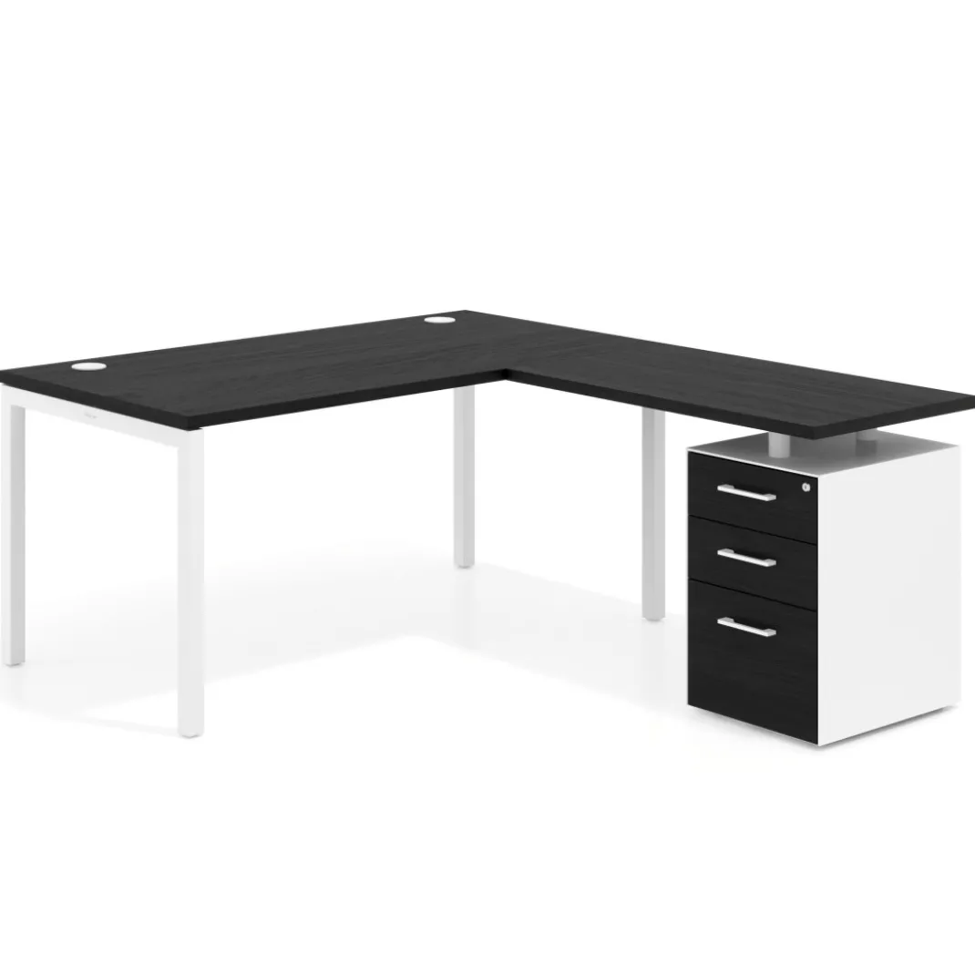 Mesa de oficina en L con cajones Kube fondo 80, frontales melamina, estructura blanca