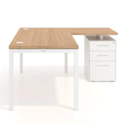Mesa de oficina en L con cajones Kube fondo 80, ala corta, frontales metal, estructura blanca