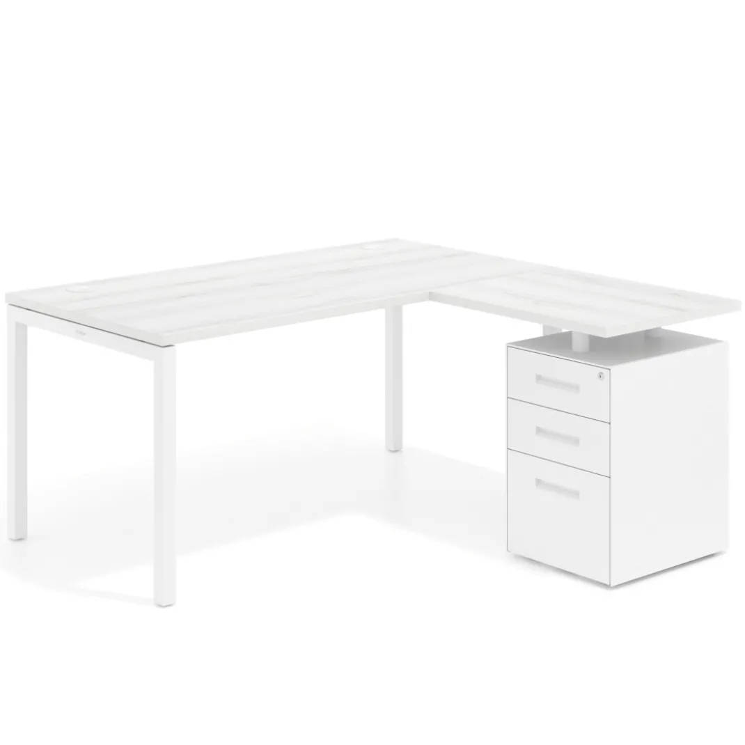 Mesa de oficina en L con cajones Kube fondo 80, ala corta, frontales metal, estructura blanca