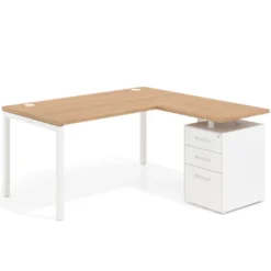 Mesa de oficina en L con cajones Kube fondo 80, ala corta, frontales metal, estructura blanca