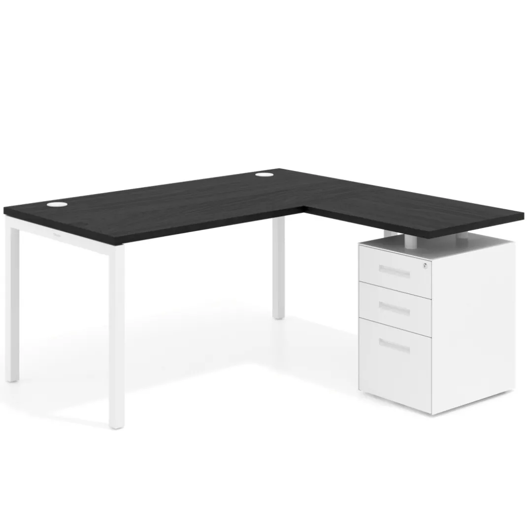 Mesa de oficina en L con cajones Kube fondo 80, ala corta, frontales metal, estructura blanca