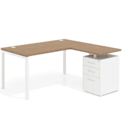 Mesa de oficina en L con cajones Kube fondo 80, ala corta, frontales metal, estructura blanca