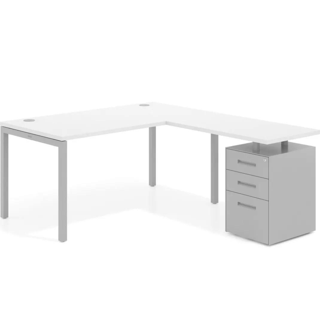 Mesa de oficina en L con cajones Kube fondo 80, frontales metal, estructura aluminio