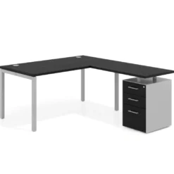 Mesa de oficina en L con cajones Kube fondo 80, frontales melamina, estructura aluminio