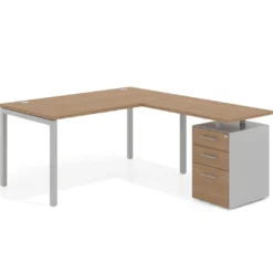 Mesa de oficina en L con cajones Kube fondo 80, frontales melamina, estructura aluminio