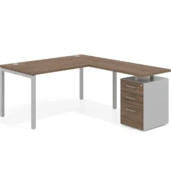 Mesa de oficina en L con cajones Kube fondo 80, frontales melamina, estructura aluminio