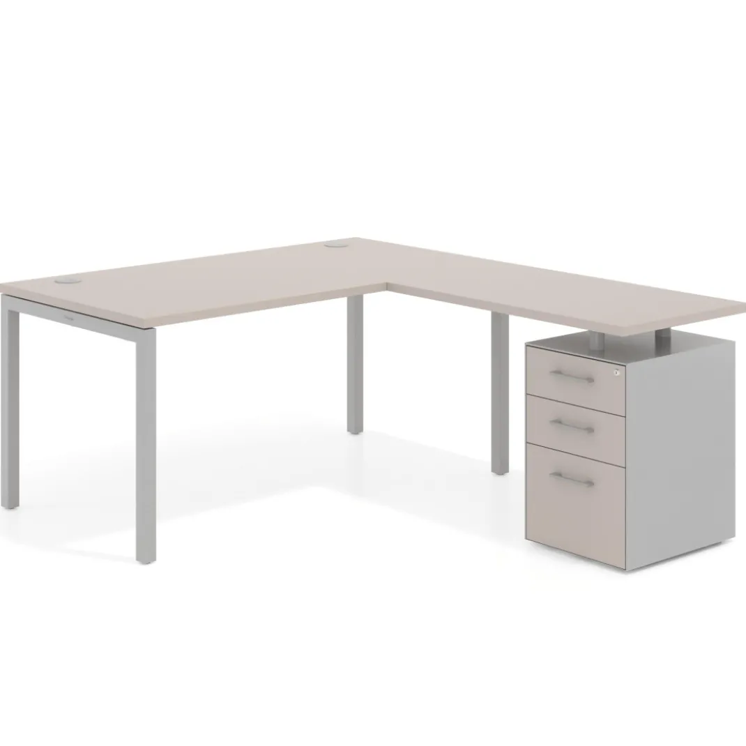 Mesa de oficina en L con cajones Kube fondo 80, frontales melamina, estructura aluminio