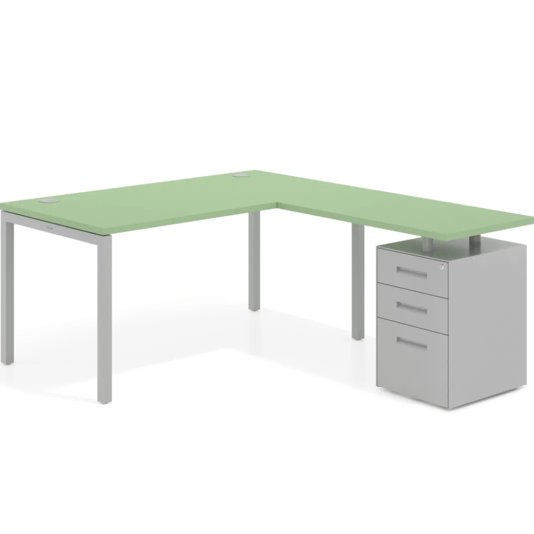 Mesa de oficina en L con cajones Kube fondo 80, frontales melamina, estructura aluminio