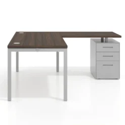 Mesa de oficina en L con cajones Kube fondo 80, frontales melamina, estructura aluminio