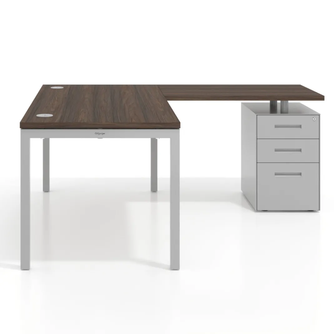 Mesa de oficina en L con cajones Kube fondo 80, frontales melamina, estructura aluminio