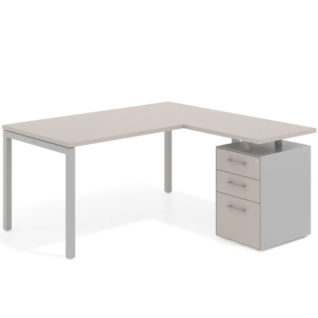 Mesa de oficina en L con cajones Kube fondo 80, ala corta, frontales melamina, estructura aluminio
