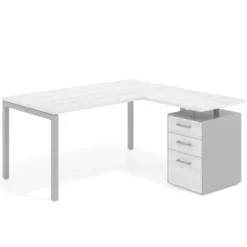 Mesa de oficina en L con cajones Kube fondo 80, ala corta, frontales melamina, estructura aluminio