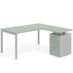 Mesa de oficina en L con cajones Kube fondo 80, ala corta, frontales melamina, estructura aluminio