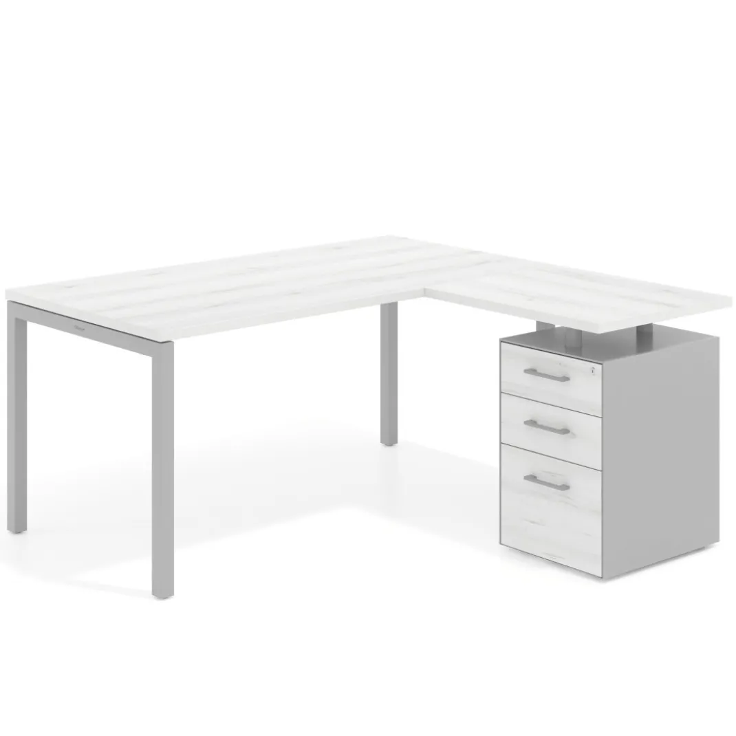 Mesa de oficina en L con cajones Kube fondo 80, ala corta, frontales melamina, estructura aluminio