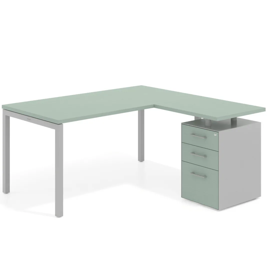 Mesa de oficina en L con cajones Kube fondo 80, ala corta, frontales melamina, estructura aluminio