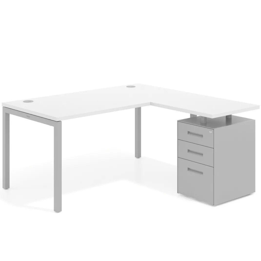 Mesa de oficina en L con cajones Kube fondo 80, ala corta, frontales metal, estructura aluminio