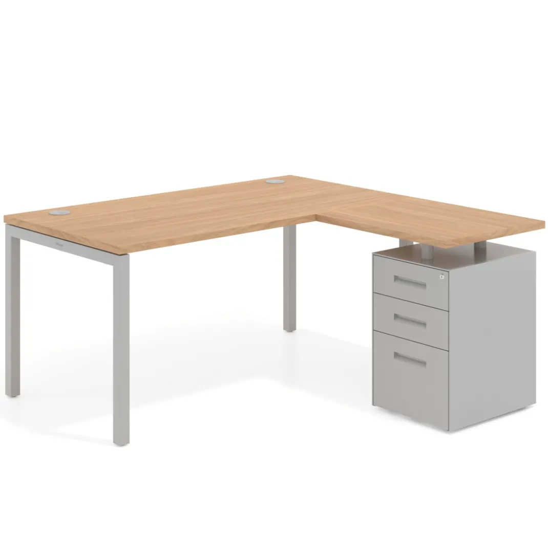 Mesa de oficina en L con cajones Kube fondo 80, ala corta, frontales metal, estructura aluminio