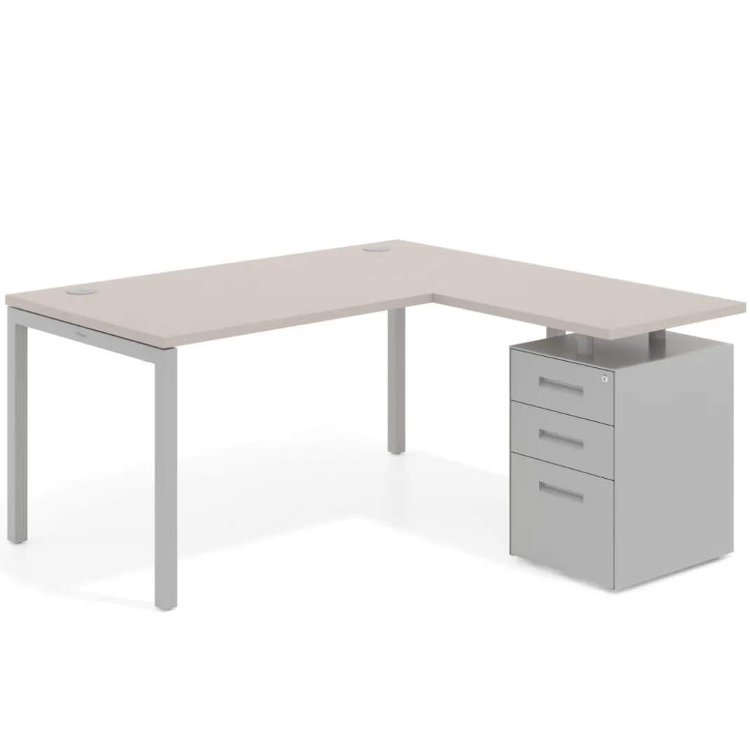 Mesa de oficina en L con cajones Kube fondo 80, ala corta, frontales metal, estructura aluminio