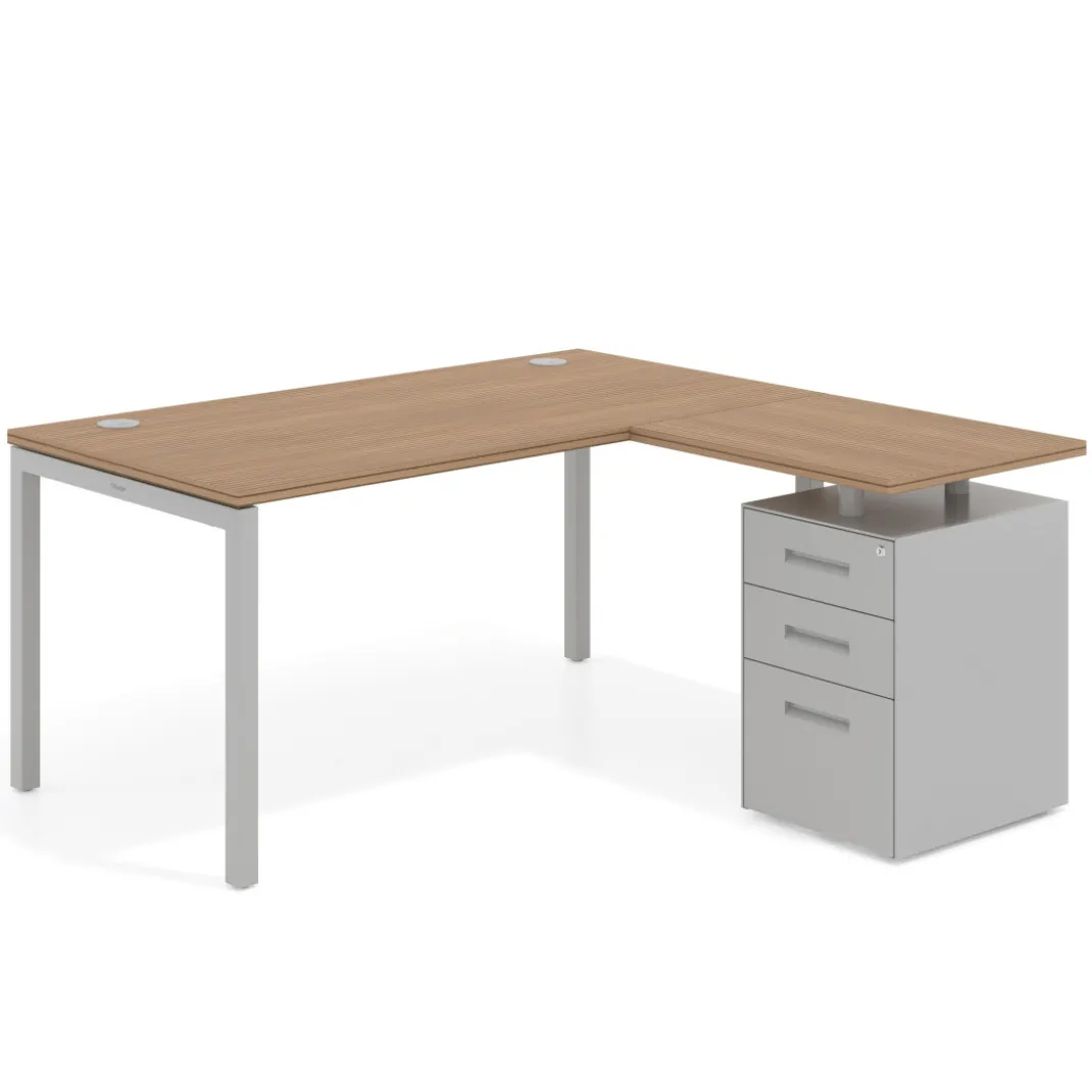 Mesa de oficina en L con cajones Kube fondo 80, ala corta, frontales metal, estructura aluminio