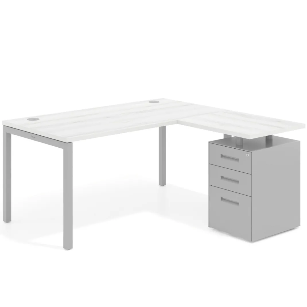Mesa de oficina en L con cajones Kube fondo 80, ala corta, frontales metal, estructura aluminio