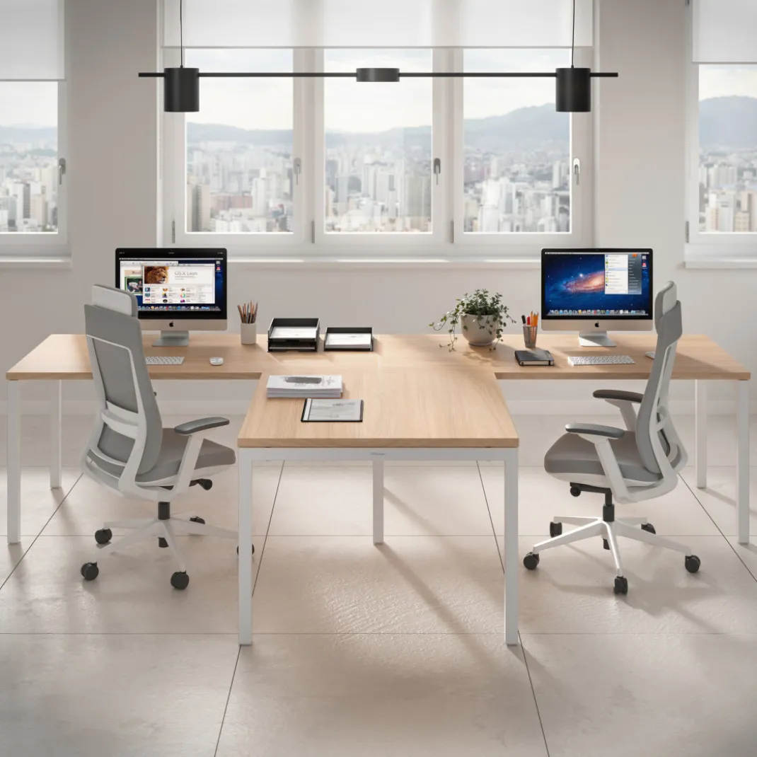 Mesa de oficina progresiva doble con ala extensión Kube, estructura blanca