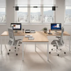 Mesa de oficina progresiva doble con ala extensión Kube, estructura blanca