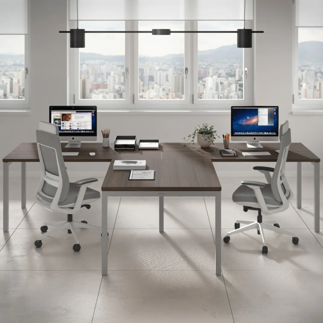 Mesa de oficina progresiva doble con ala extensión Kube, estructura blanca