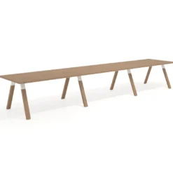 Mesa de oficina progresiva UvePro triple, fondo 100cm, estructura blanca, patas de madera