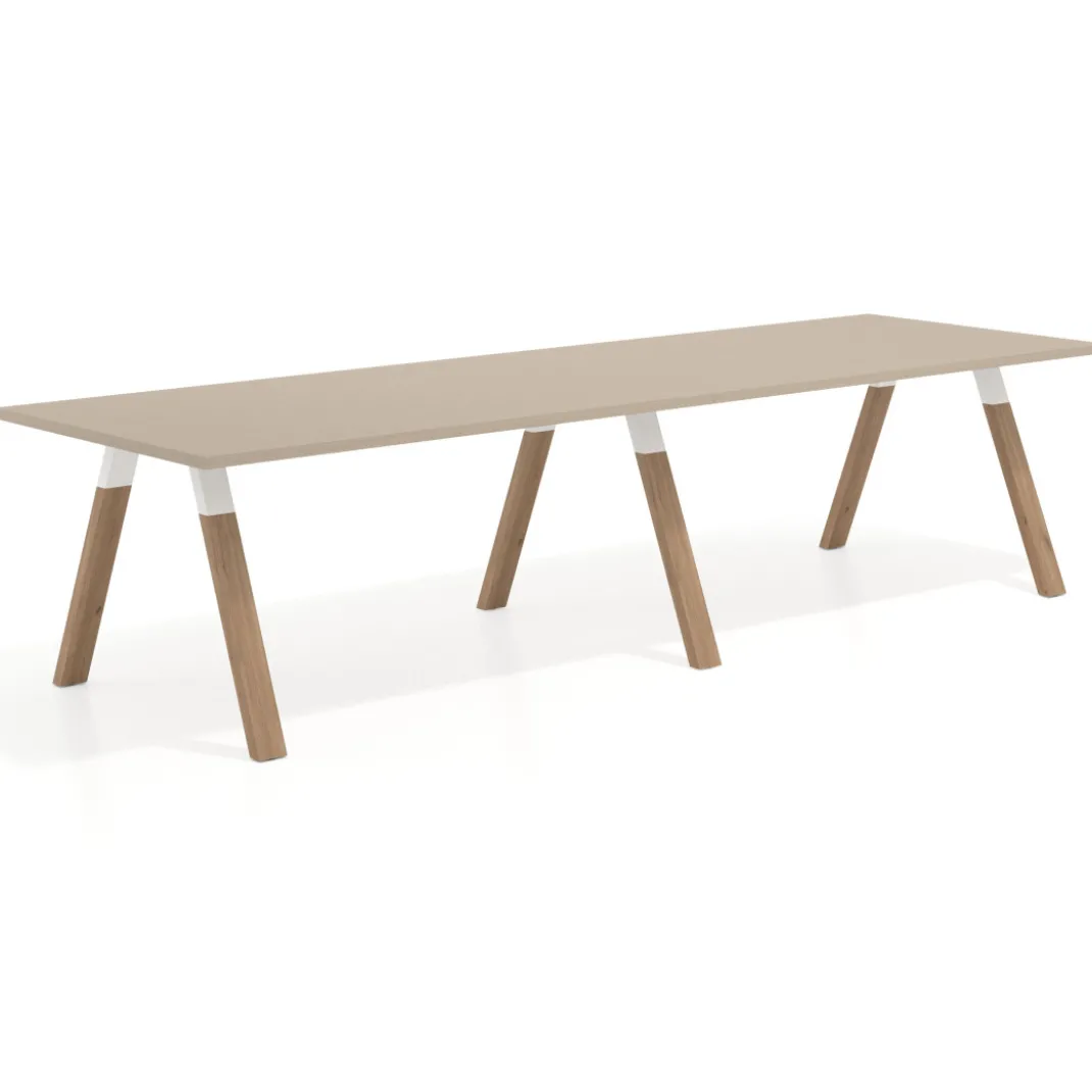 Mesa de oficina progresiva UvePro doble, fondo 100cm, estructura blanca, patas de madera