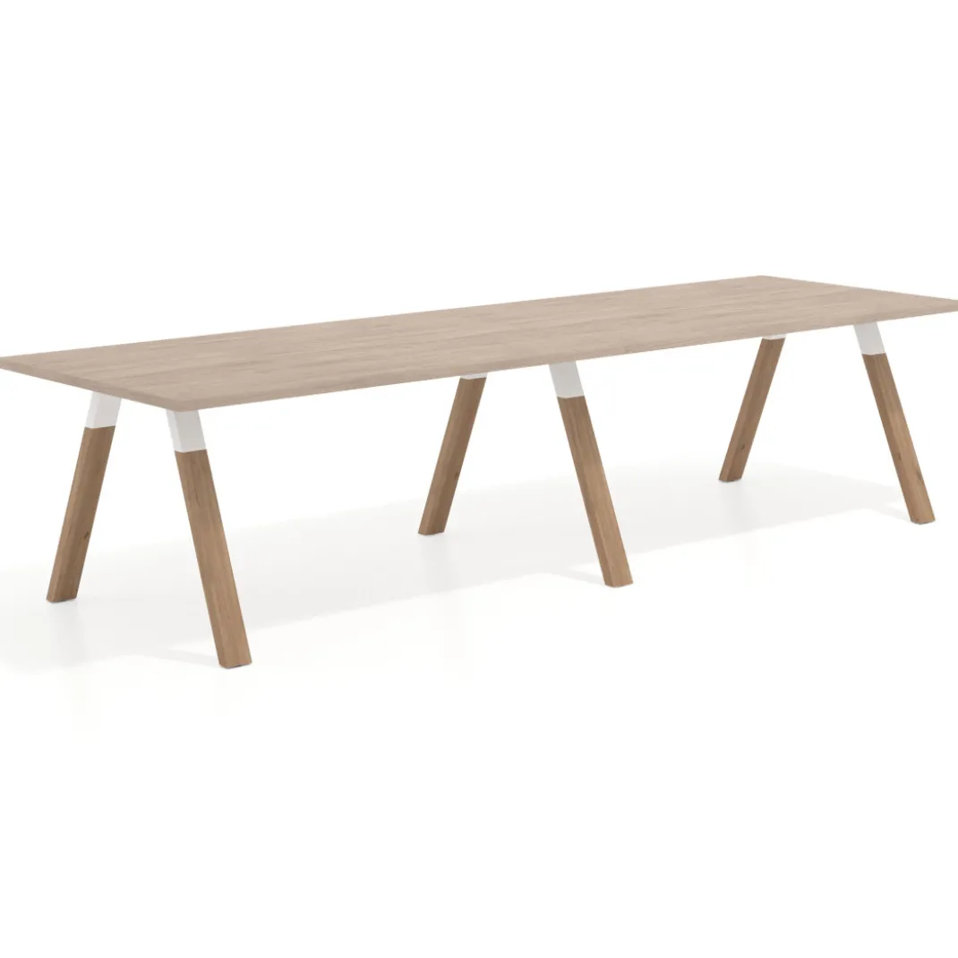 Mesa de oficina progresiva UvePro doble, fondo 100cm, estructura blanca, patas de madera