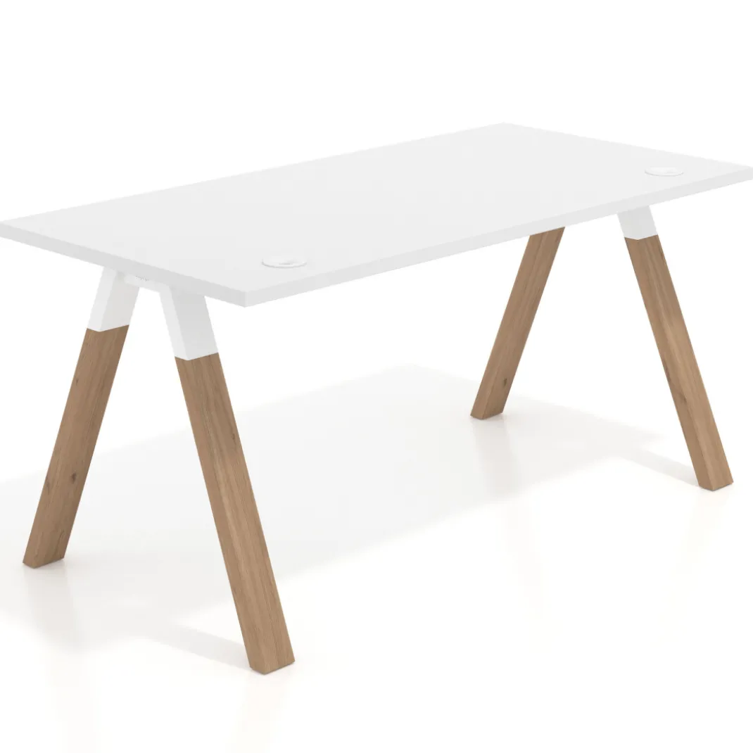 Mesa de oficina UvePro fondo 80cm, estructura blanca con patas de madera