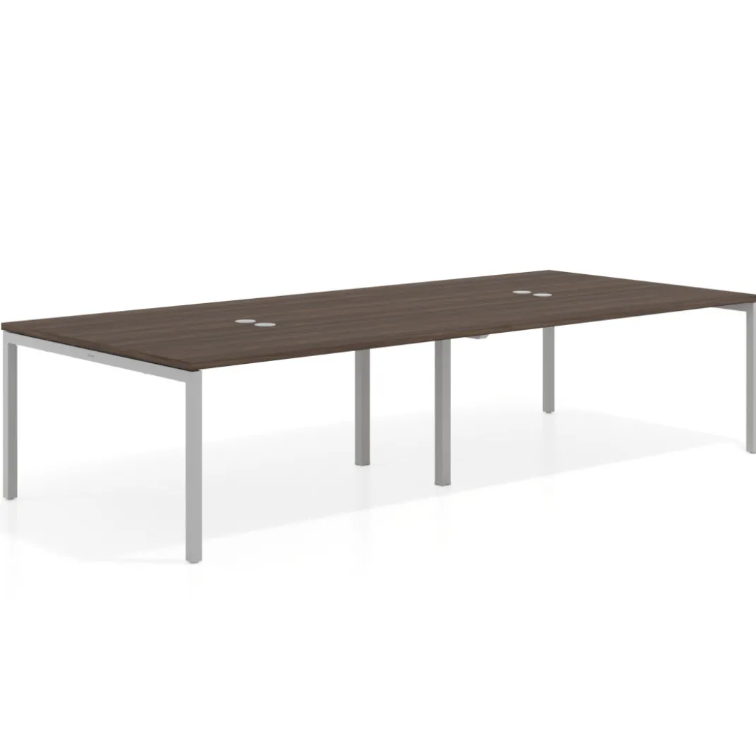 Mesa de reuniones doble Kube, encimera continua, fondo 142 cm, estructura aluminio