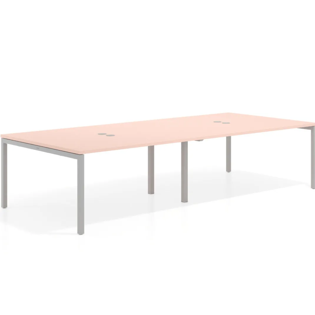 Mesa de reuniones doble Kube, encimera continua, fondo 142 cm, estructura aluminio
