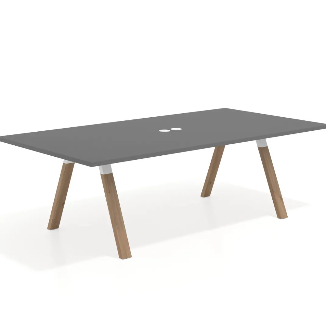 Mesa de reuniones rectangular UvePro fondo 126, patas interior, estructura blanca/madera