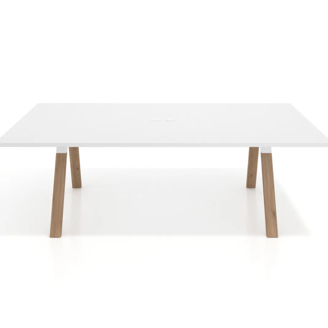 Mesa de reuniones rectangular UvePro fondo 126, patas interior, estructura blanca/madera