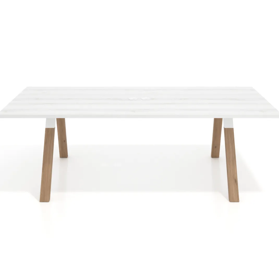Mesa de reuniones rectangular UvePro fondo 100cm, estructura blanca, patas de madera