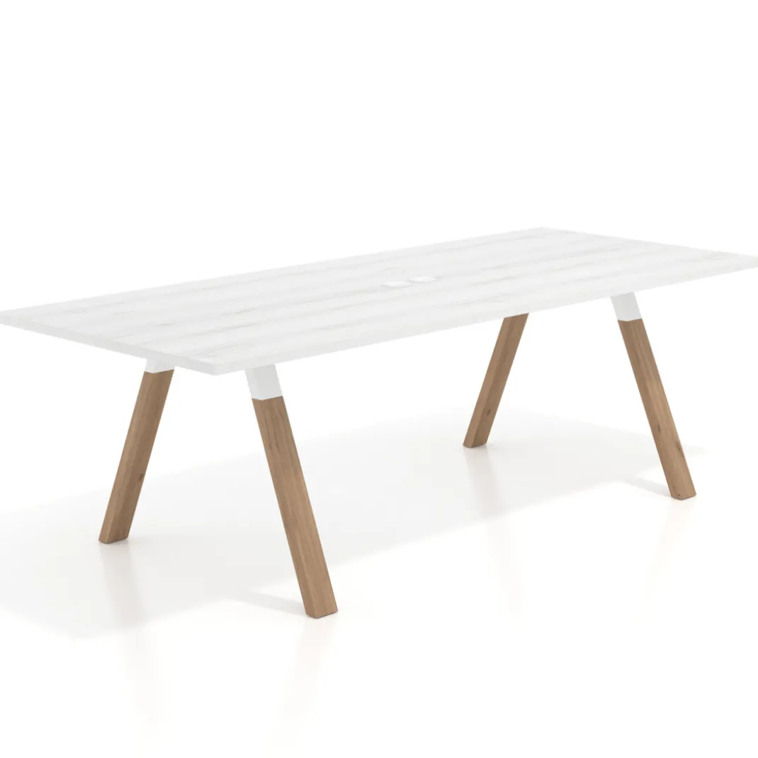 Mesa de reuniones rectangular UvePro fondo 100cm, estructura blanca, patas de madera