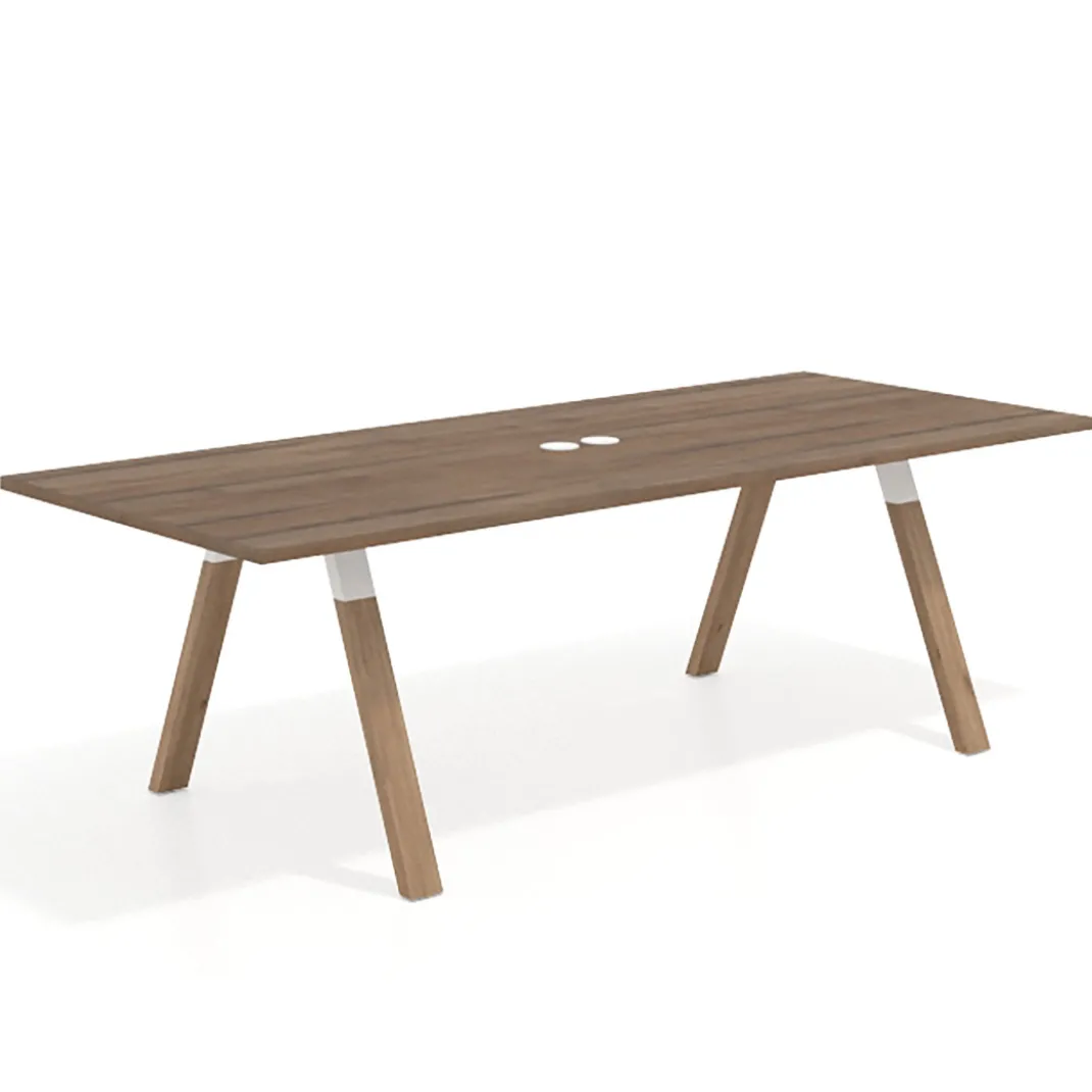 Mesa de reuniones rectangular UvePro fondo 100cm, estructura blanca, patas de madera