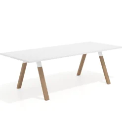 Mesa de reuniones rectangular UvePro fondo 100cm, estructura blanca, patas de madera