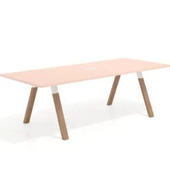 Mesa de reuniones rectangular UvePro fondo 100cm, estructura blanca, patas de madera
