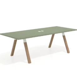 Mesa de reuniones rectangular UvePro fondo 100cm, estructura blanca, patas de madera