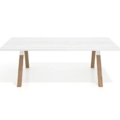 Mesa de reuniones rectangular UvePro fondo 100cm, estructura blanca, patas de madera