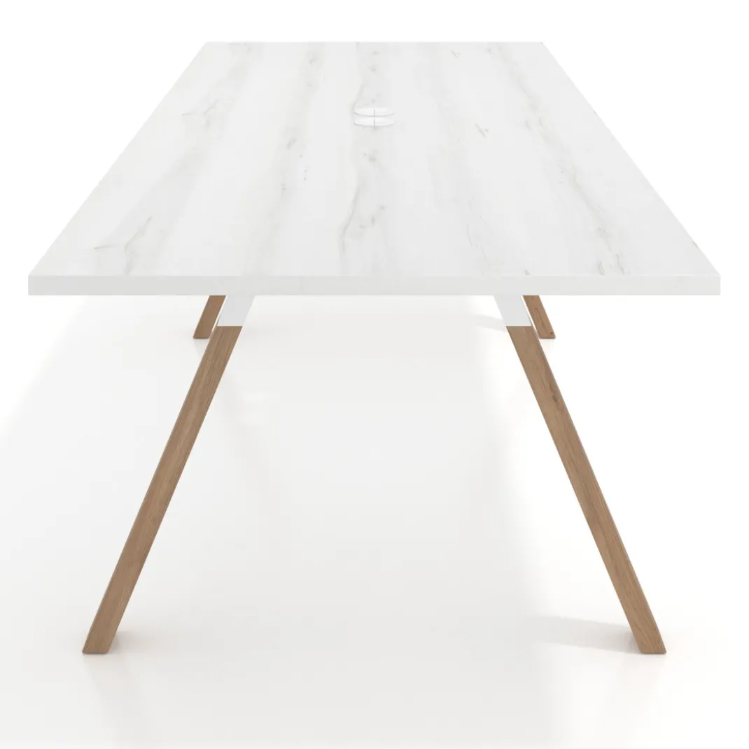 Mesa de reuniones rectangular UvePro fondo 100cm, estructura blanca, patas de madera
