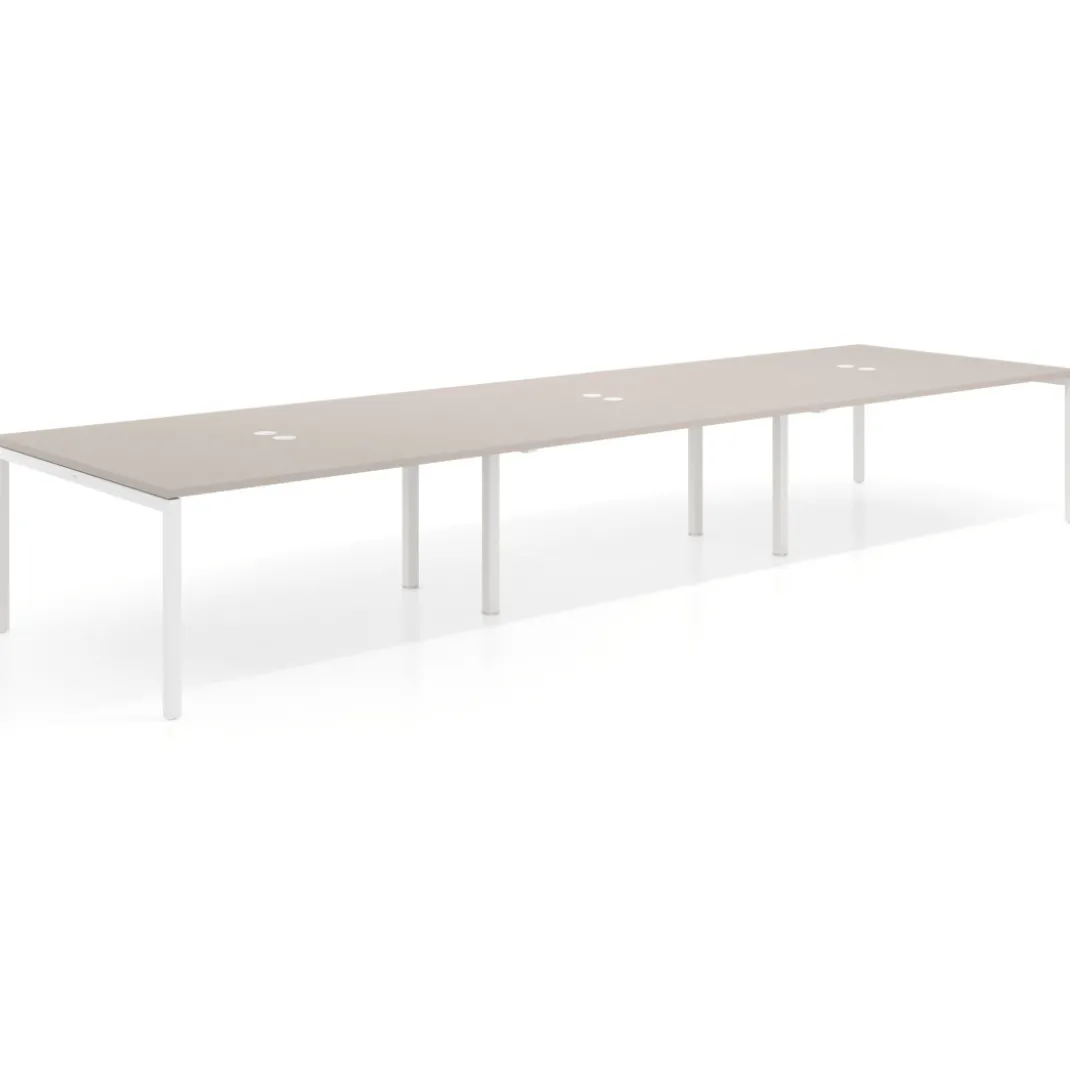Mesa de reuniones triple Kube, encimera continua, fondo 142 cm, estructura blanca