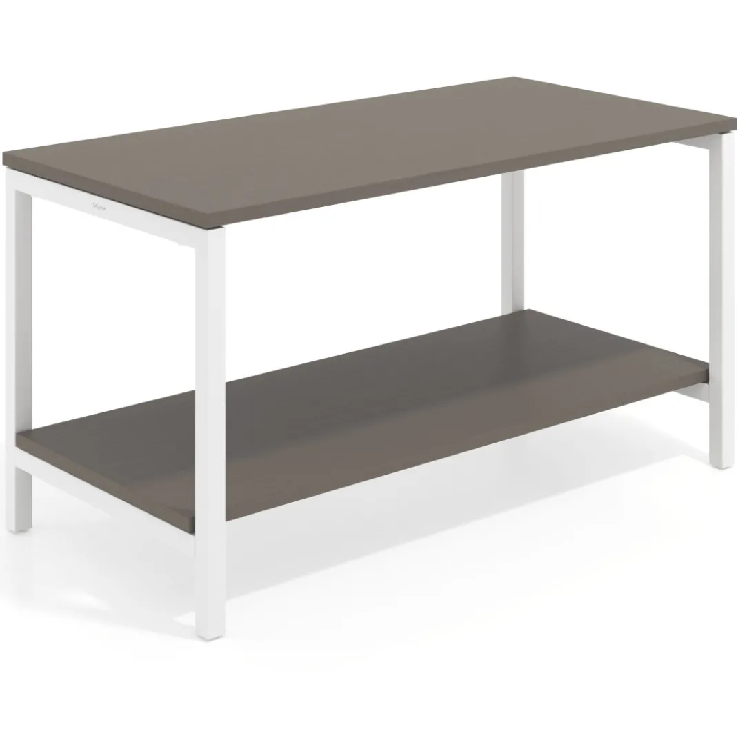 Mesa de trabajo expositor Kube con 2 niveles, estructura blanca