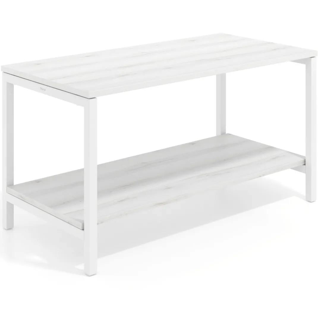 Mesa de trabajo expositor Kube con 2 niveles, estructura blanca