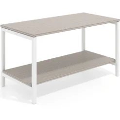 Mesa de trabajo expositor Kube con 2 niveles, estructura blanca