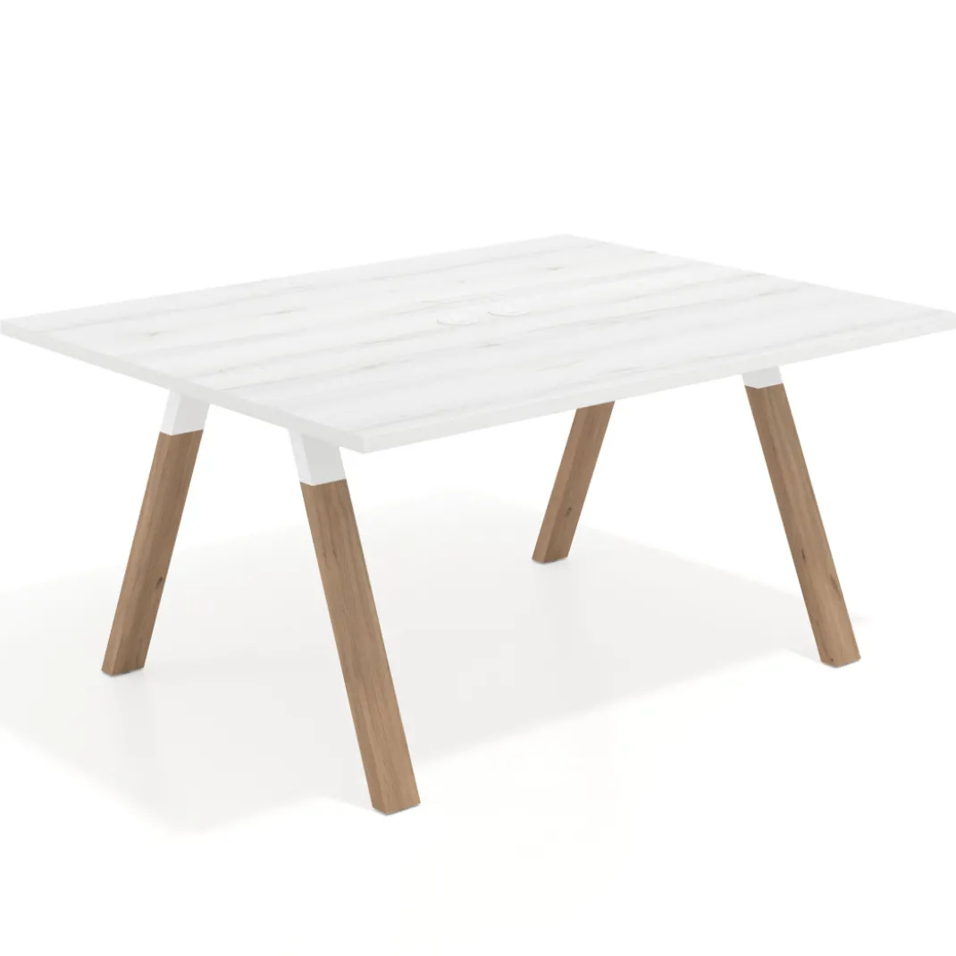 Mesa doble individual para coworking UvePro fondo 126 cm estructura blanca con patas de madera